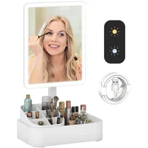 Homcom Schminkspiegel mit Beleuchtung 22x13,8 cm wiederaufladbar 180°Drehbar LED Kosmetikspiegel mit Aufbewahrungsbox, 2 Beleuchtungsmodi Touchschalter, dimmbar, abnehmbar, Weiß