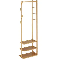 Relaxdays Kleiderständer Bambus & MDF, Garderobenständer, HBT 164 x 49 x 28 cm, 3 Ablagen, 4 Haken, Kleiderstange, natur