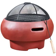 Teamson Home 53 cm Runde Holzfeuerstelle, Gartenmöbel, Kaminofen, Feuerstellenheizung, Feuerschale, Holzbrenner mit Schürhaken, Grill und Deckel, Rot