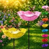 Blumenstecker VogelträNke,Blumen Gartenstecker VogelträNke,Gartenstecker Metall Blumen,BlumenträNke füR VöGel,Outdoor-Vogelfutterstation, Garten, Hof, Terrasse (Rosa + Gelb)