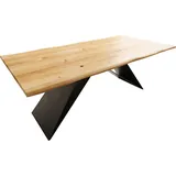 DeLife Esstisch Edge 200x100x2,5-3 Eiche Natur V-Gestell Flachstahl Schwarz Live-Edge