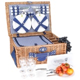 Les Jardins de la Comtesse - Picknickkorb Fontainebleau aus Weide – 4 Personen – Thermo-Kühlbox / Keramikteller / Weingläser aus Glas – Stoff mit vertikalen Streifen, Blau, 50 x 36 x 22 cm