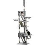 PawHut Kratzbaum deckenhoch Höhe 240-260 cm Katzenbaum mit Plüschbälle, Katzenhöhle, Hängematte, Sisalstämme, Plattformen mehrstöckiger Katzenkratzbaum Kletterbaum für große Katzen, Hellgrau