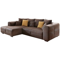 Cavadore Ecksofa Mavericco / Polster Eck-Couch mit Kissen / In Antik-Leder-Optik mit nussbaumfarbenen Holzfüßen / Longchair links / Größe: 285 x 69 x 170 (BxHxT) / Mikrofaser Braun