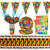 Gxhong Bausteine Geburtstag Party Set, Junge Party Supplies Set, Party Geburtstag Deko Set, Partygeschirr Set mit Teller,Trinkhalme,Servietten,Besteck,Party Supplies Banner,Tischdecke, 52 pcs