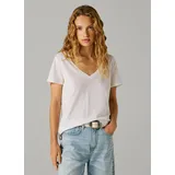 Pepe Jeans T-Shirt PEPE JEANS "MEGAN V-NECK", Damen, Gr. S, weiß, Leinenmischung, Obermaterial: 50% Baumwolle, 50% Leinen, unifarben, hüftlang, V-Ausschnitt, abgesteppte Kante, Shirts T-Shirt, im Materialmix mit Leinen