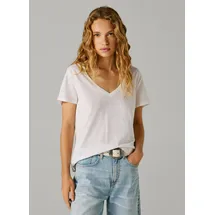 Pepe Jeans T-Shirt PEPE JEANS "MEGAN V-NECK", Damen, Gr. S, weiß, Leinenmischung, Obermaterial: 50% Baumwolle, 50% Leinen, unifarben, hüftlang, V-Ausschnitt, abgesteppte Kante, Shirts T-Shirt, im Materialmix mit Leinen