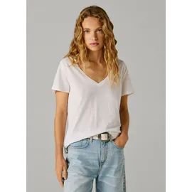 Pepe Jeans T-Shirt PEPE JEANS "MEGAN V-NECK", Damen, Gr. S, weiß, Leinenmischung, Obermaterial: 50% Baumwolle, 50% Leinen, unifarben, hüftlang, V-Ausschnitt, abgesteppte Kante, Shirts T-Shirt, im Materialmix mit Leinen