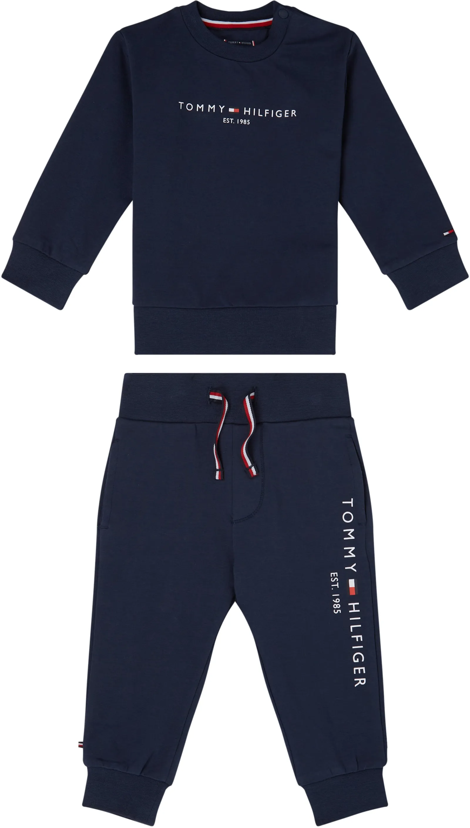 Shirt & Hose TOMMY HILFIGER "BABY ESSENTIAL CREWSUIT", Baby, Gr. 92, blau (dunkelblau), Sweatware, Obermaterial: 95% Baumwolle, 5% Elasthan, casual, KOB Set-Artikel