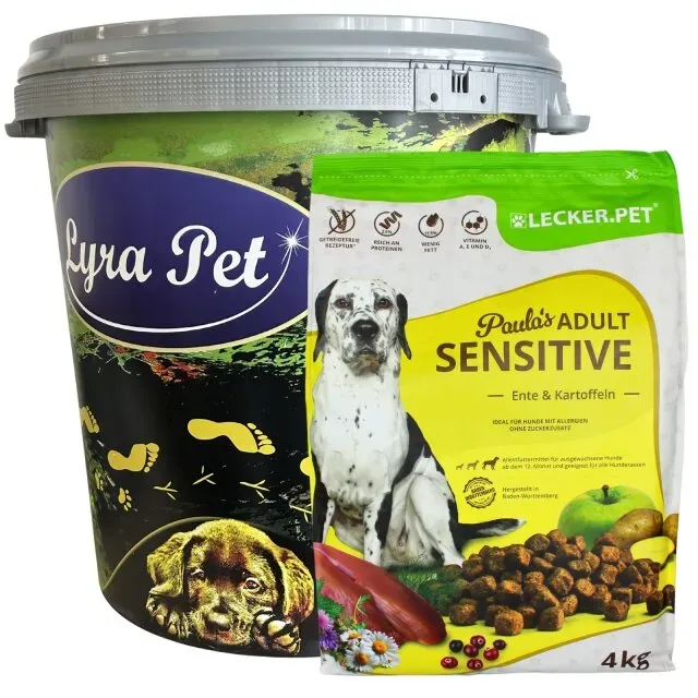 4 kg Lecker.Pet® Paula's Adult Sensitive Ente & Kartoffel Hundefutter Trockenfutter Vollnahrung in 30 L Tonne