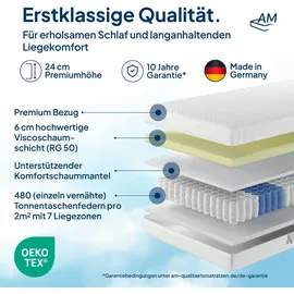AM Qualitätsmatratzen Premium Visco-Taschenfederkernmatratze 180 x 200 cm H3