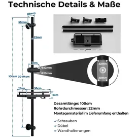 Görbach Duschset Edelstahl Duschstange mit Verstellbarer Duschkopfhalterung, Bohrlöcher-kompatible Wandhalterungen, Passend für Standard-Handbrausen, Brausestange 100 cm und Duschablage Schwarz