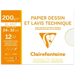 Clairefontaine 10x Lavis, Technisches Zeichenpapier 24x32cm, Packung mit 12 Bogen 200g - 96278C