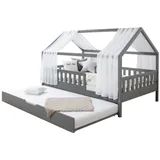 TICAA Hausbett mit Tüll Kim 90x200 cm, 100x200 cm, 120x200 cm, 140x200 für Jungen & Mädchen, inkl. Rolllattenrost, Zusatzbett und Rausfallschutz variabel, Hellgrau aus Kiefer Massivholz