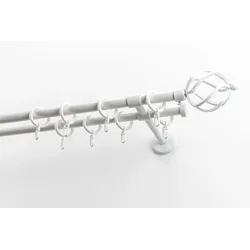 Gardinenstange GARESA "RUSTIKA", weiß, L:170cm Ø:16mm, Gardinenstangen, rustikale Vorhanggarnitur, verlängerbar, m. Ringe, Endknopf Korb