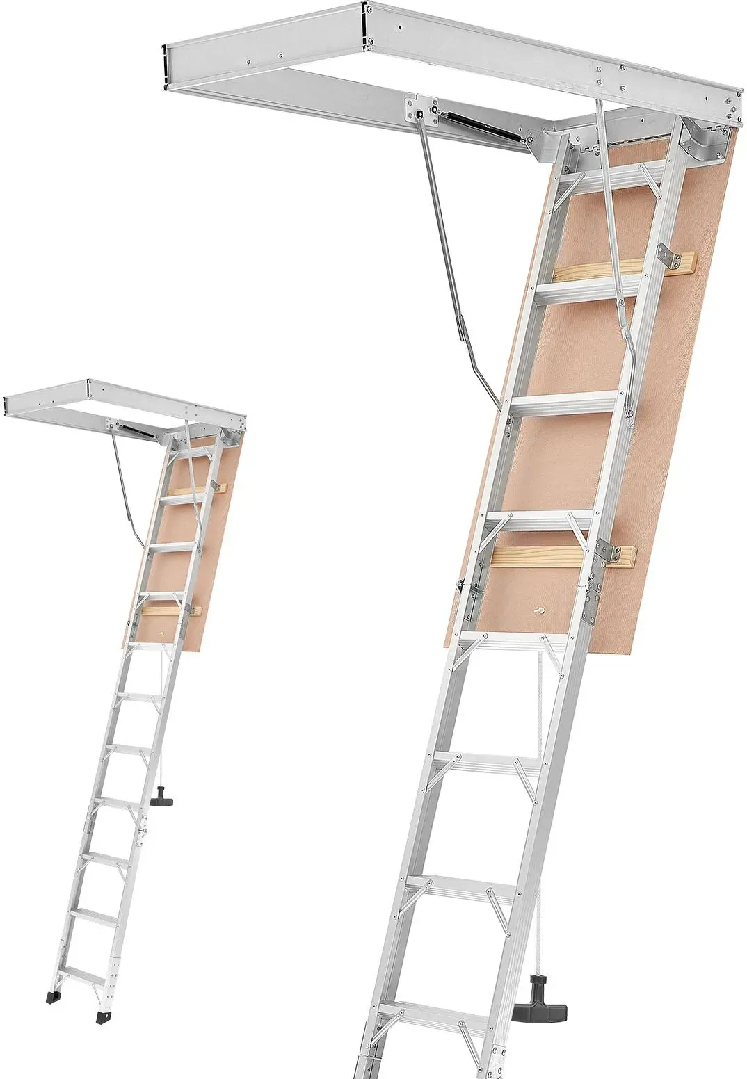VEVOR Bodentreppe Klappbar, 170kg Belastbarer Dachbodenleiter aus Alu & Holz, Hydraulische Dachbodentreppe mit Zugseil für 300-313cm Deckenhöhen, Metallleiter mit 137x57cm Öffnung für Zugang, Silber