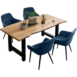 SalesFever Essgruppe "Esszimmerausstattung aus Holz und Metall", blau (natur, blau, schwarz, blau, schwarz), Samt, 180,90, Massivholz, Metall, Polyester, Sitzmöbel-Sets, Essgruppe