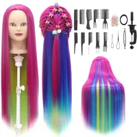 Trainingsköpfe, 28 inch Übungskopf Frisierkopf Friseur 100% Synthetikfaser-Haar Styling Kopf Frisierkopf für Frisöre mit kostenloser Klemme und DIY Flechtset (Regenbogenfarbe)
