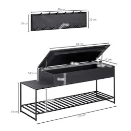FineBuy Garderoben Set FineBuy Flurgarderobe Schwarz Holz Massiv Wandgarderobe Sitzbank