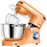 AUMATE Küchenmaschine, 1400 W, 6,2 L Knetmaschine, Teigmaschine mit Rührhaken, Knethaken, Schneebesen, 6 Geschwindigkeit, Mixer (Orange)