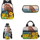 xixirimido 4-teiliges Kinder-Schulrucksack-Set, Lunchbox, Flaschenträger für Jungen und Mädchen, Pferd Sonnenblume, Einheitsgröße, Lässiger Tagesrucksack