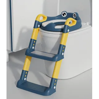 Toilettensitz Kinder mit Treppe, Toilettentrainer für Kinder, WC Sitz mit PU Gepolsterter, Höhenverstellbar und Faltbar, Rutschfest mit Spritzschutz Toilettenaufsatz Kinder(Blue)