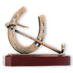 Pokal Zamakfigur Reiten altgold auf mahagonifarbenen Holzsockel 17,8cm