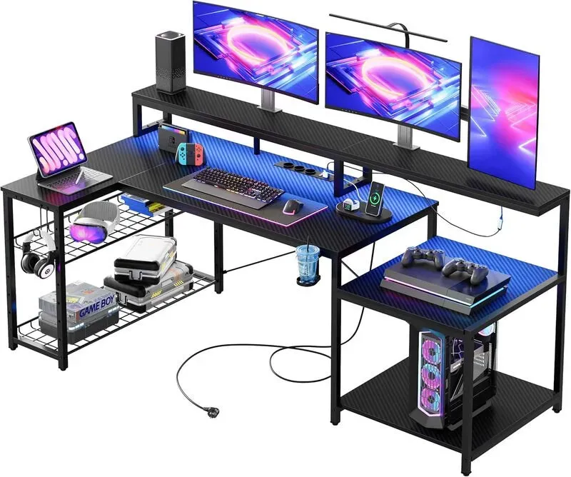 Bestier Gaming Tisch, 181 x 80 cm Schreibtisch mit LED-Beleuchtung, L-förmiger Schreibtisch mit 3 AC-Steckdosen und 2 USB-Ladeanschlüssen, Computertisch mit großzügiger Monitorablage, Carbonfaser Schwarz