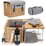 Weidenkorb Picknickkorb für 2 Personen Picknickset, Weidenkorb Service Geschenkset mit Bambus Weintisch mit Metallbeinen für Camping und Outdoor Party