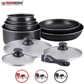 HERZBERG HG-5000: 10-Teiliges Kochgeschirrset mit Marmorbeschichtung schwarz - Schwarz