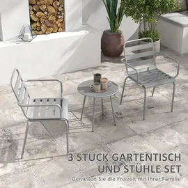 Outsunny 3tlg. Bistroset Gartenmöbel Set mit 1 Couchtisch, 2 Stapelbaren Stühlen, Balkon-Set, Sitzgruppe für Balkon, Terrasse, Stahl, Hellgrau