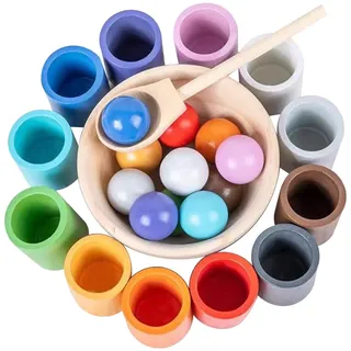 WOODENFUN Regenbogen Bälle in Tassen, Montessori Spielzeug für Kleinkinder, für 1 2 3Jahr, Vorschule, Holzspiele zum Lernen, Farbsortieren und Zählen (12-Farben)