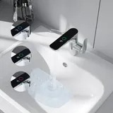 DETBOM Wasserhahn bad mit LED, Intelligente Wasserkraft Sel bsterzeugung Waschbecken Armaturen, Chrom Einhebelmischer Waschbecken, Silber