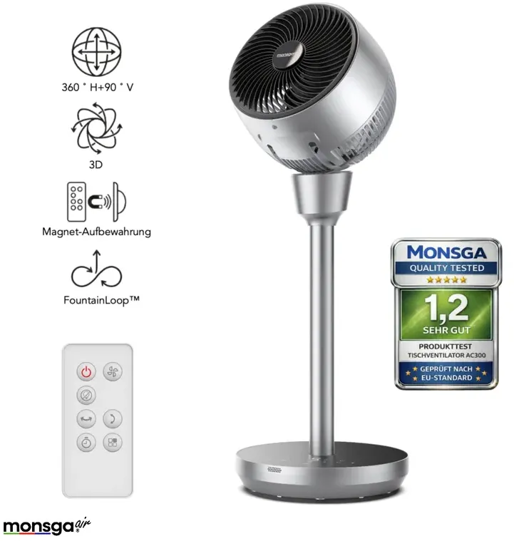 Monsga AC300 Standventilator für Schlafzimmer, 3D Luftzirkulator mit 120°+90° multidirektionaler Oszillation, 20dB Ultra-Leiser DC-Motor, 25m Luftstrom-Reichweite, 5 Stufen, 3 Modi, Magnetische Fernbedienungshalterung, 8H Timer, Metallic-Silber