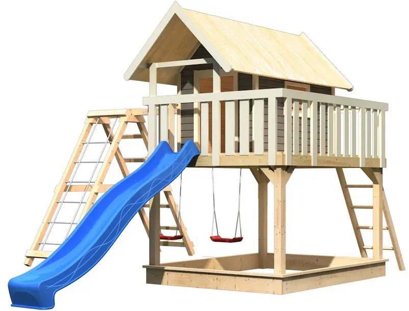 Akubi Stelzenhaus Fidel mit Satteldach inkl. Wellenrutsche und Doppelschaukelanbau mit Klettergerüst und Netzrampe terragrau Blau