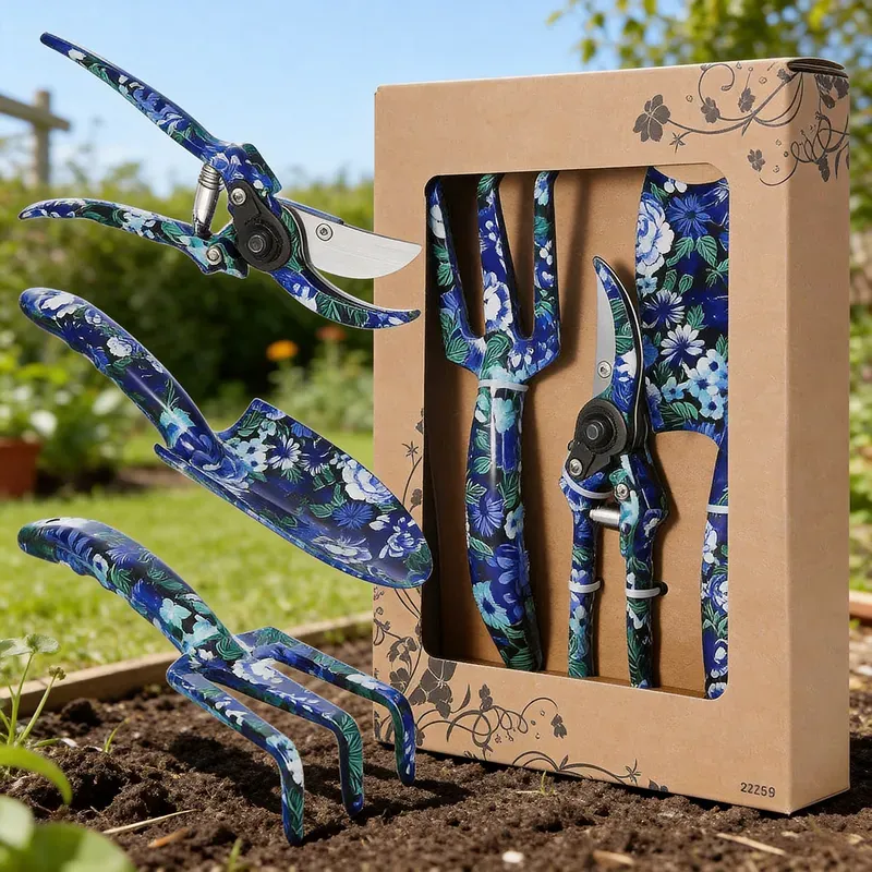 FLORA GUARD SJT-B 3-teiliges Aluminium-Gartenwerkzeug-Set mit Blaupdruckmuster - Spaten, Kultivator, Gabelscher, Set für Gartenbedarf (Lila)