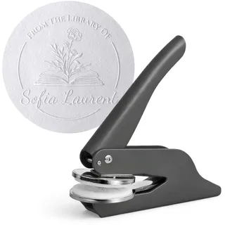 JUST REFINE® Ex Libris Prägestempel Personalisiert – Buch Prägezange für Papier - Ideal als Geschenk oder zu besonderen Anlässen - Verschiedene Motive (Grau, Floris)