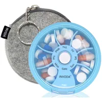 INVODA Pillendose mit 7 Fächern, drehbare Pillendose für tägliche Medikamente und Vitamine, tragbare Reise-Pillendose, Fischöl-Ergänzungsmittel, Vitamin-Organizer (blau + Tasche)