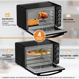 Homelux Minibackofen 60 Liter 2000W Pizza-Ofen, Mini Backofen mit Hähnchengrill, Ober-/Unterhitze, 60 Min Timer, 100°-230°C, Mini Oven Schwarz - Schwarz