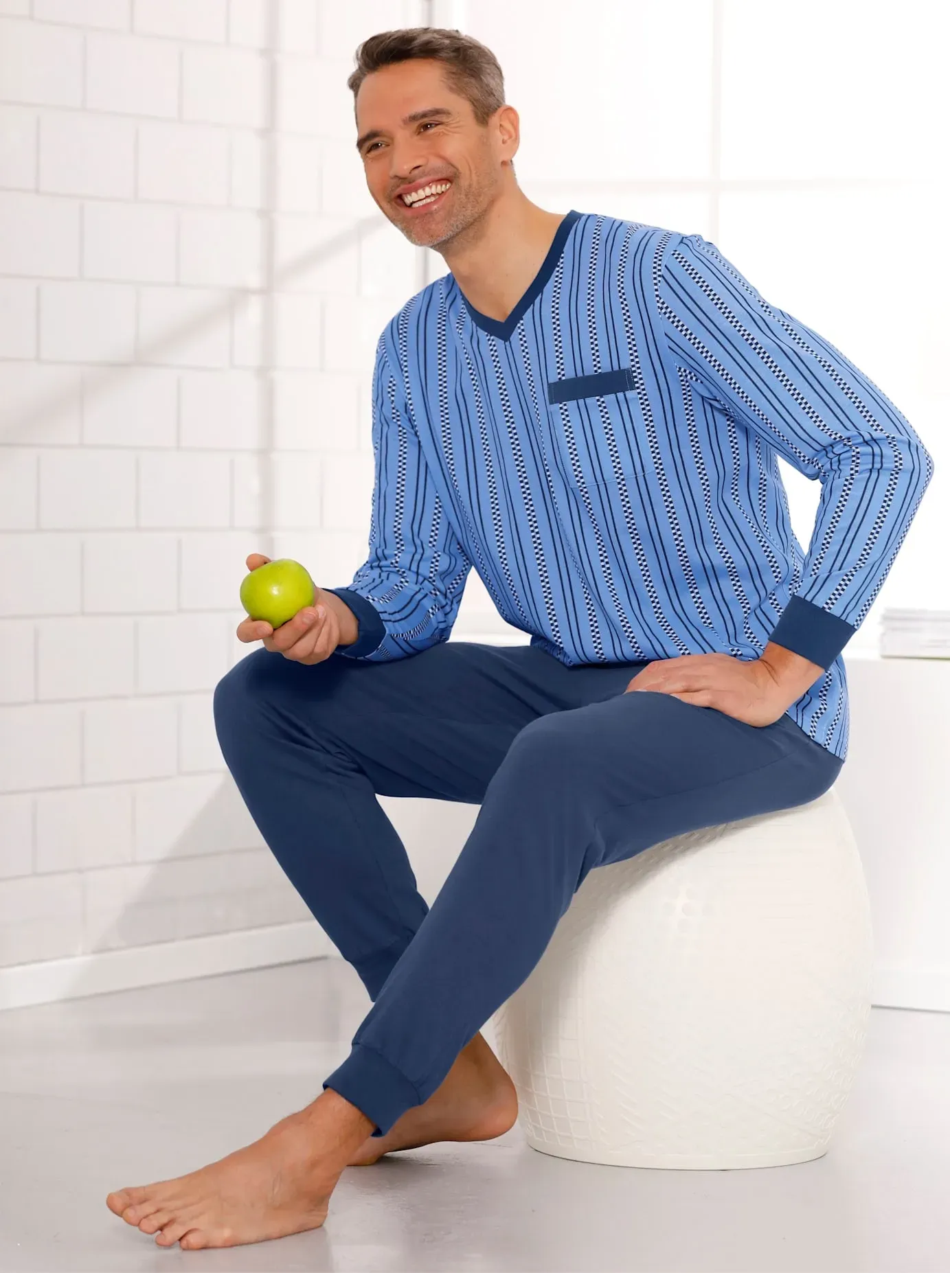 Schlafanzug, Herren, Gr. 52/54, blau (himmelblau, dunkelblau), 100% Baumwolle, Homewear-Sets Schlafanzug