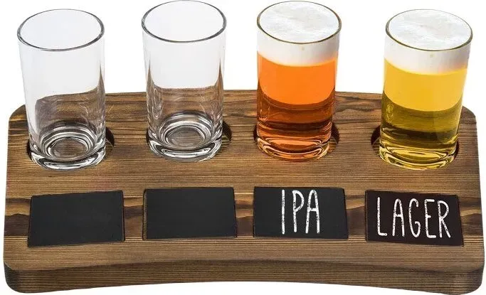 MyGift Bier-Verkostungs-Set - Vier 6 oz Pilsner-Gläser mit dunkelbraunem Holz-Serviertablett und Tafelfolien-Etiketten