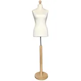 Mannequin weiblich, Schneiderpuppe weiblich auf rundem Holzsockel in Naturholzfarbe (Überzug - Cream, S 36)