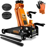 Hydraulischer Wagenheber 3T mit Fußpedal Hubhöhe 130-490mm + 2X Gummi + Montagehandschuhe Rangierwagenheber, Profi, Ständer, Flache, Wohnmobil, Geländewagen ideal für Reifenwechsel