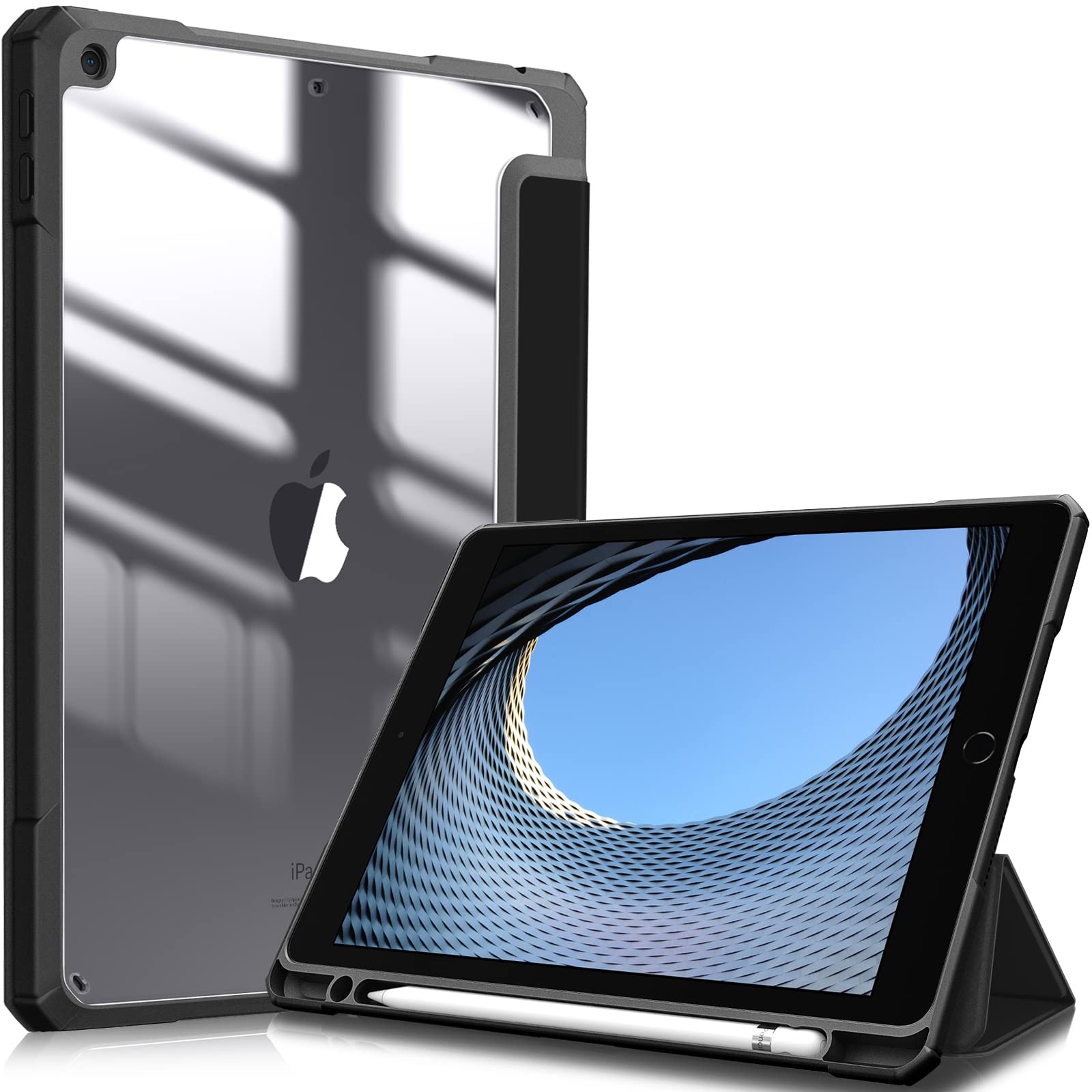 Fintie Hybrid Hülle für 10.2 Zoll iPad 9. Generation 2021/8. Gen 2020/7. Gen 2019 mit Stifthalter - Stoßfeste Schutzhülle mit transparenter Hartschale auf der Rückseite, Schwarz