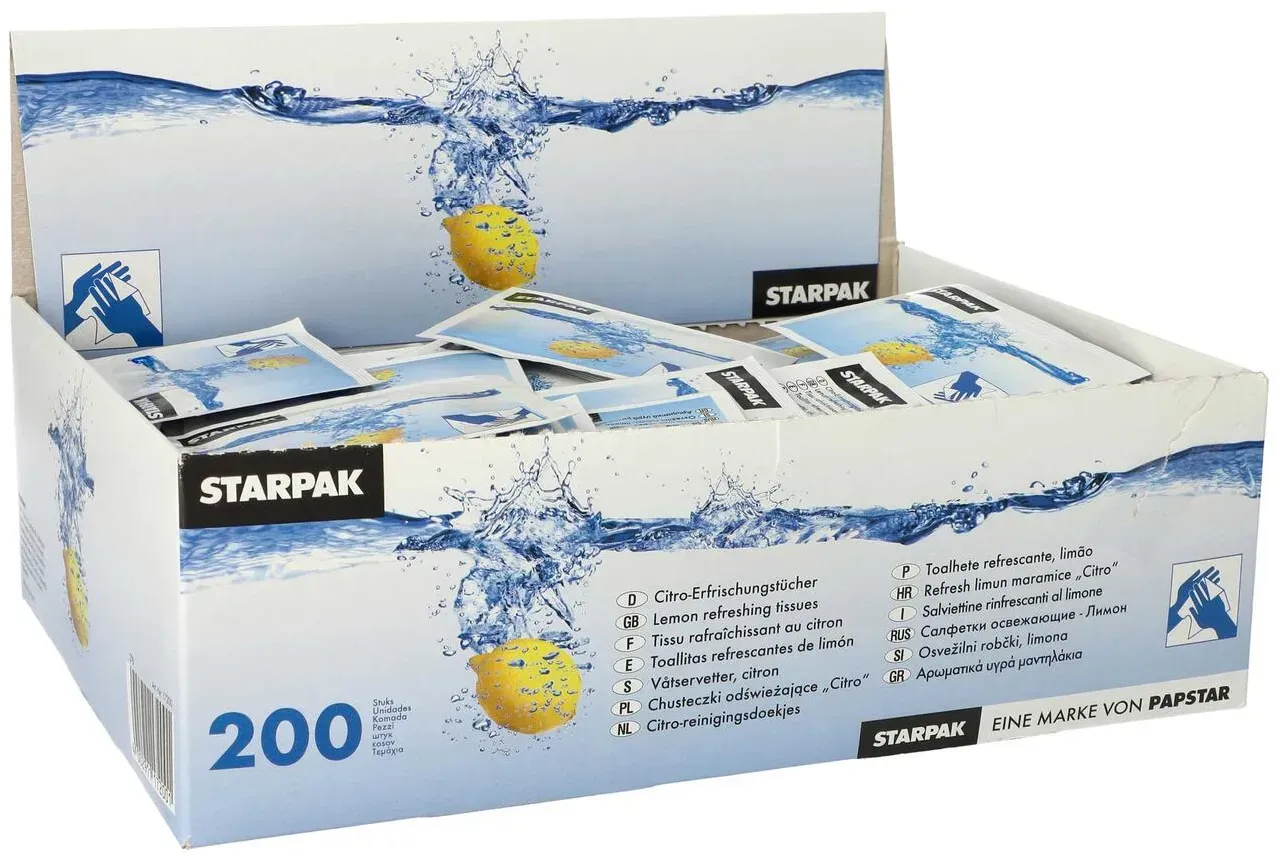Erfrischungstücher Citrustücher feucht einzeln verpackt 14x14cm im Displaykarton, 200 Stk.