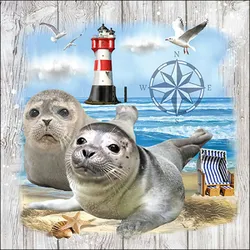 Ambiente 20 Servietten Papier 33x33cm 3-lagig - hochwertige Einweg Papierservietten Seehunde Strand Motiv Partyservietten martitim Tischdeko Sommer Strand Meer