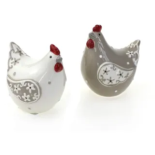 TEMPELWELT 2 x Deko Figur Henne sitzend im Set 9 cm, aus Keramik weiß braun rot, Dekofigur Huhn Hühner für Frühling Sommer Ostern Osterdeko
