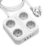 JSVER Steckdosenleiste Überspannungsschutz 4 Fach mit 4 USB Ladeanschlüsse, Mehrfachsteckdose mit USB C, Wandmontage(3680W 16A) Steckerleiste mit 3M Kabel für Smartphones, Laptop -Weiß