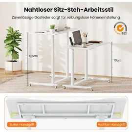 Costway Schreibtsich C-förmig mit Rollen, 70-106 cm höhenverstellbar, Kleiner Computertisch mit Metallrahmen, mobiles Stehpult, Laptoptisch, Weiß - Weiß