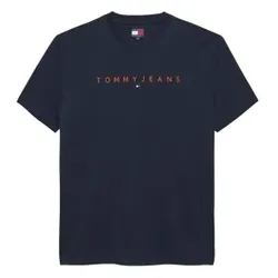 Tommy Jeans für Herren. DM0DM20744 T-Shirt mit navyfarbenem, linearem Logo (M), Lässig, Baumwolle, Kurzarm, Marine